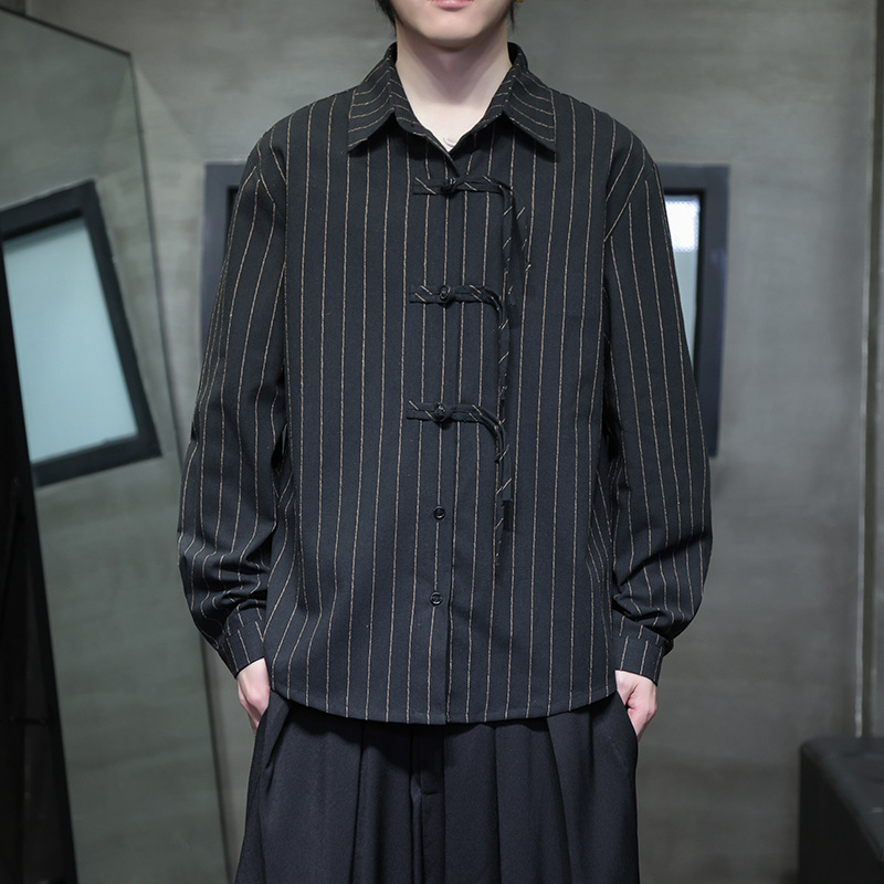 新中式改良唐装汉服条纹盘扣衬衫男装长袖国潮中国风亚麻男装衬衣