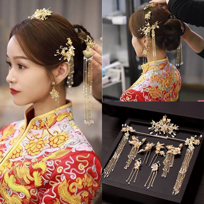 古装发饰新娘秀禾头饰中式简约发簪流苏套装古风结婚女秀禾服配饰