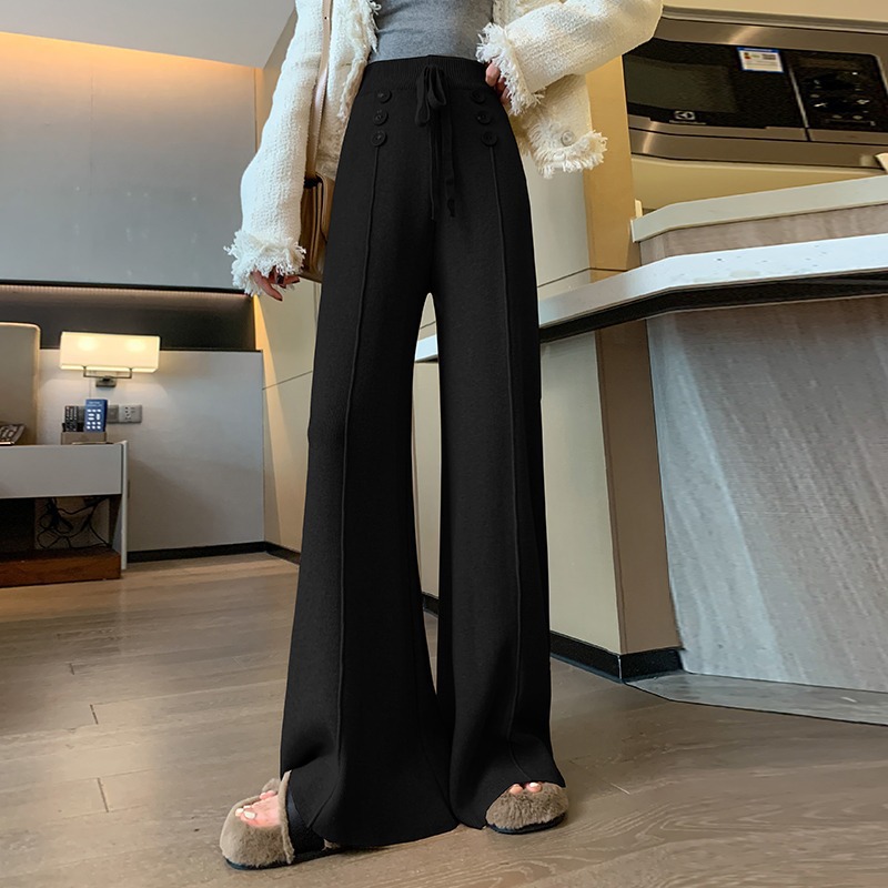 Autumn and Winter 2023 New Drape Knit Wide Leg Bootcut Trousers Women's Lace-up Thick Loose Solid Color Casual Mop Pants