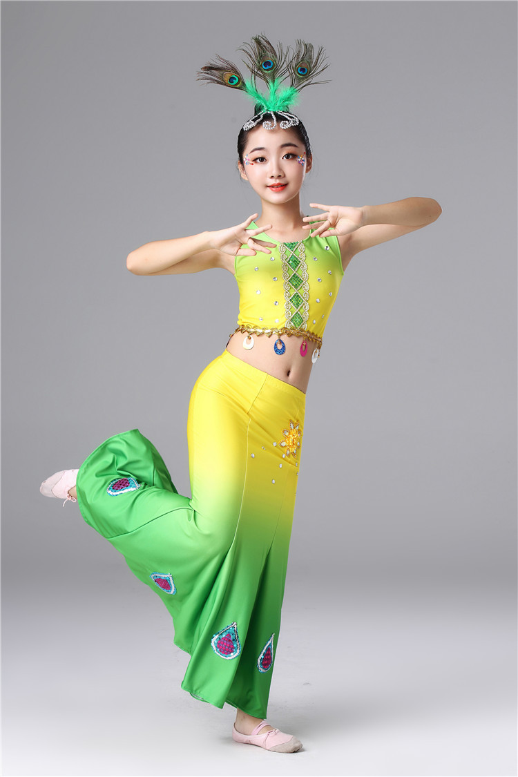 新款儿童傣族舞蹈服装弹力双肩长袖鱼尾裙包臀裙孔雀舞女童演出服