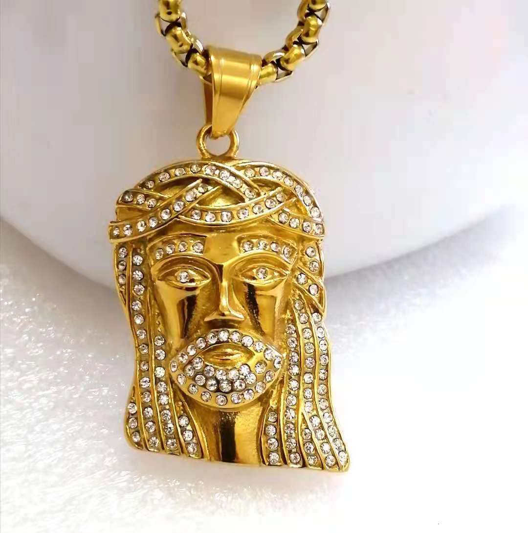 欧美跨境钛钢镶钻宗教基督金色耶稣头像吊坠男士嘻哈项链项坠批发