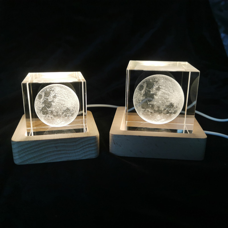 中秋节礼物创意水晶摆件发光月球小夜灯正方体工艺品生日礼品定制