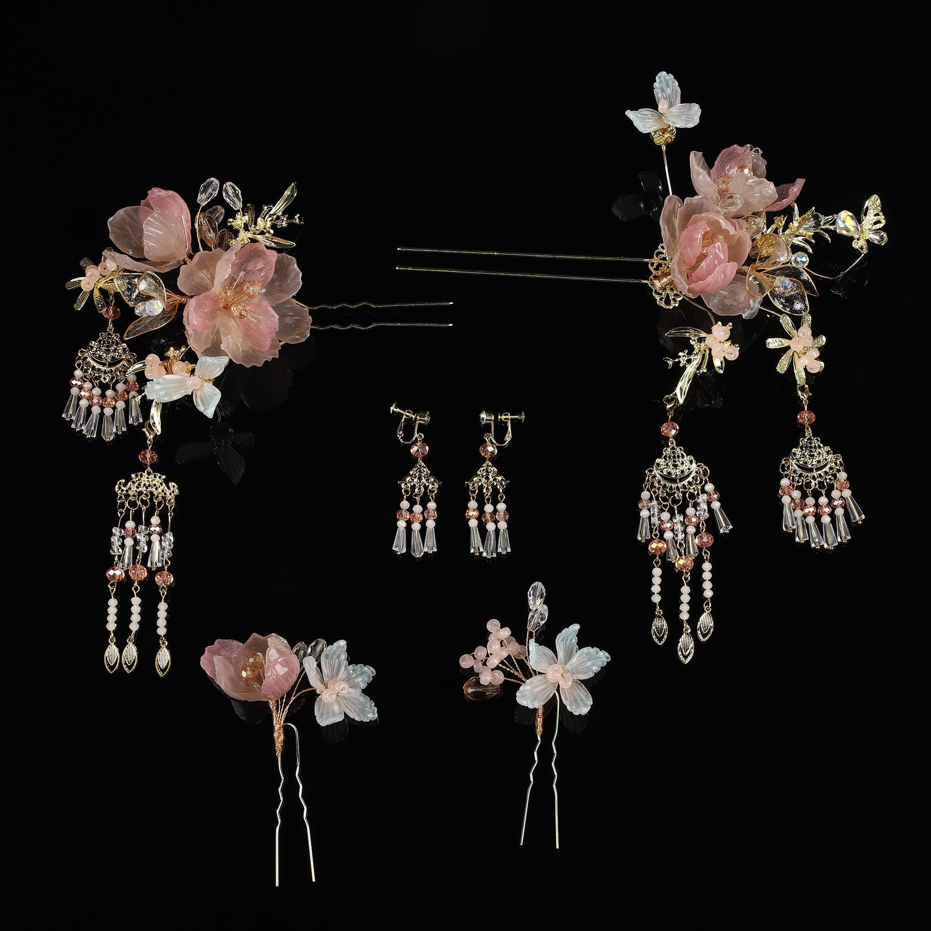 新款中式古典流苏发簪新娘龙凤褂结婚古风红色造花液花朵秀禾头饰