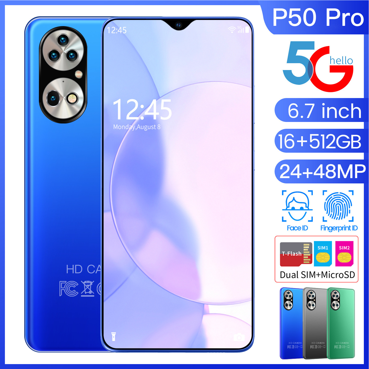 P50 pro跨境爆款现货6.7寸 安卓版水滴大屏智能手机海外 2+16G