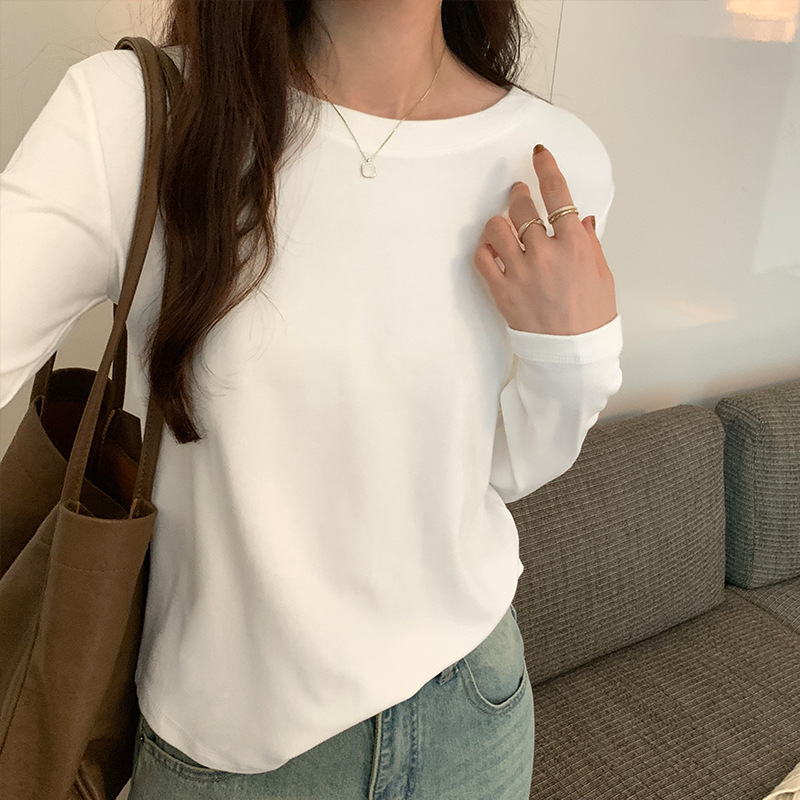 round neck dralon bottoming shirt women‘s inner wear autumn and winter wild fleece-lined korean style white long sleeve t-shirt slim fit warm top