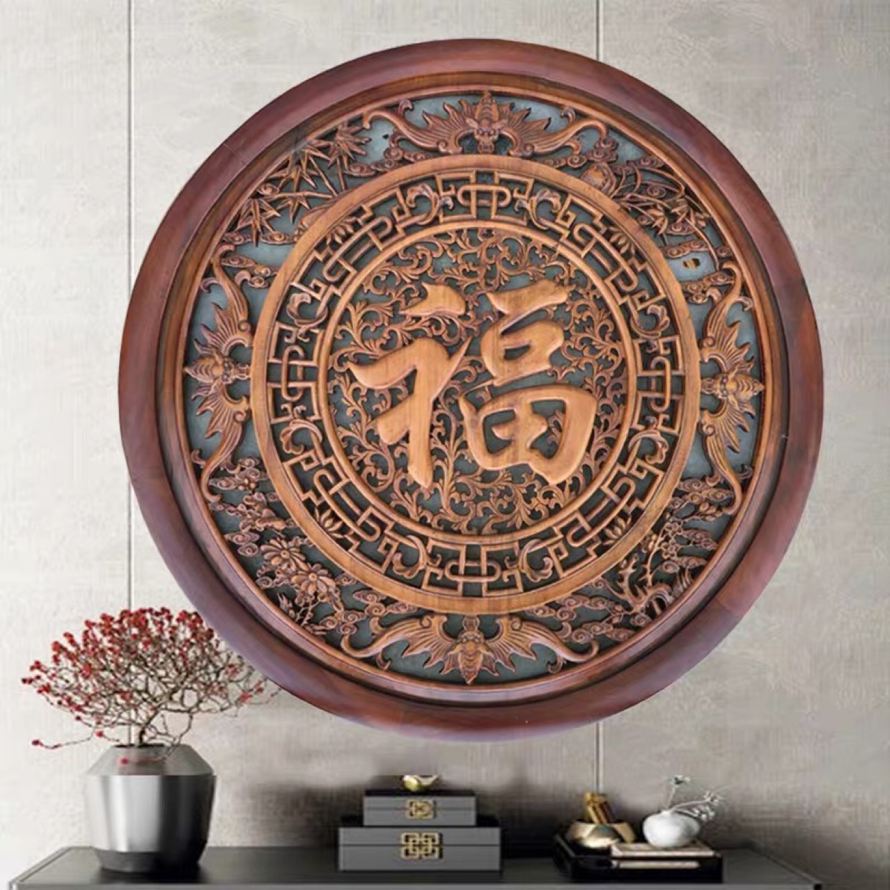 东阳木雕挂件圆形福字雕刻实木红橡沙比利镂空雕花中式壁挂玄关