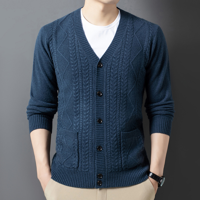 秋冬纯羊毛针织开衫男士麻花纹休闲毛线衣加厚保暖毛衣外套男上衣