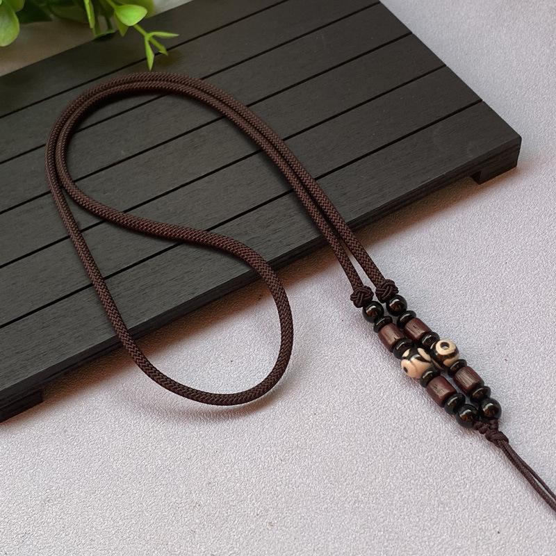 Three-Eye Dzi Agate Wooden Lanyard Jade Jewellery Necklace Rope Large Pendant Square Plate Thick Rope Pendant Long Rope