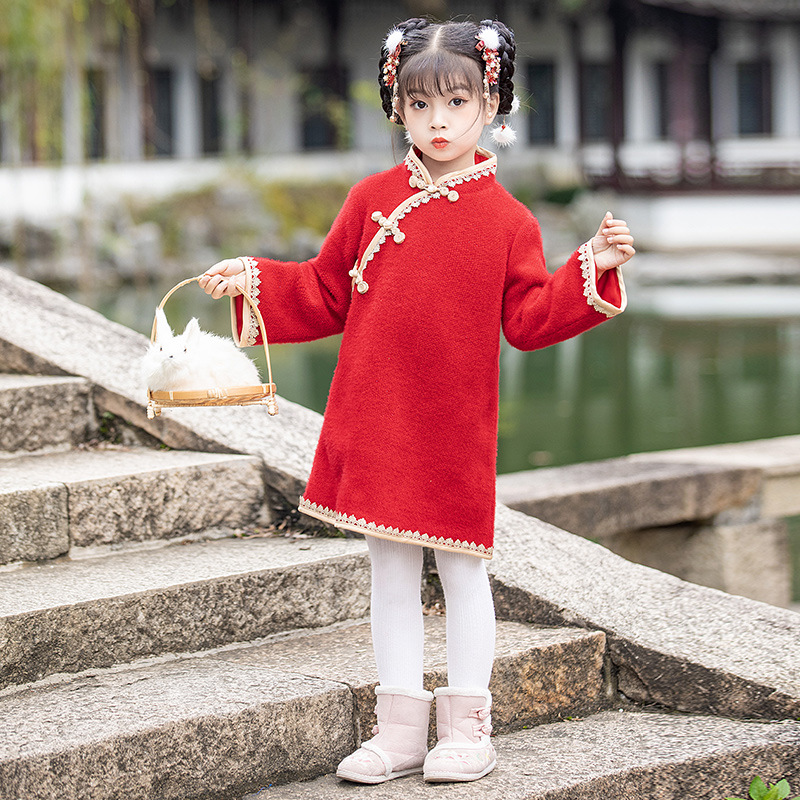 童装旗袍裙女童连衣裙冬季加厚拜年服喜庆演出儿童仙女复古中国风