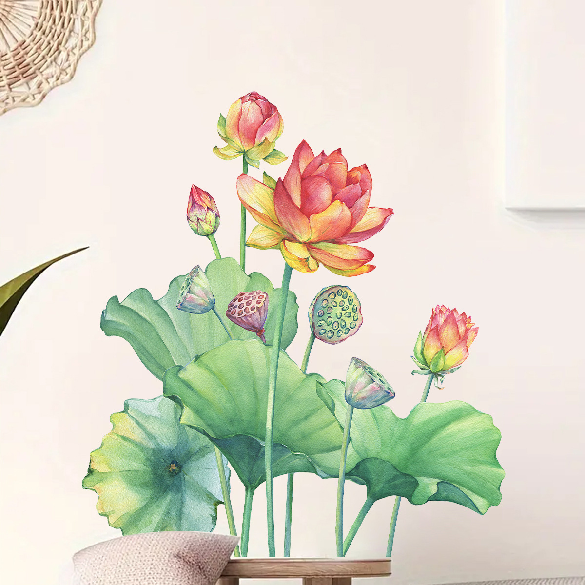 br0154h国画彩墨风荷叶莲蓬荷花自粘墙贴客厅书房背景墙装饰贴纸