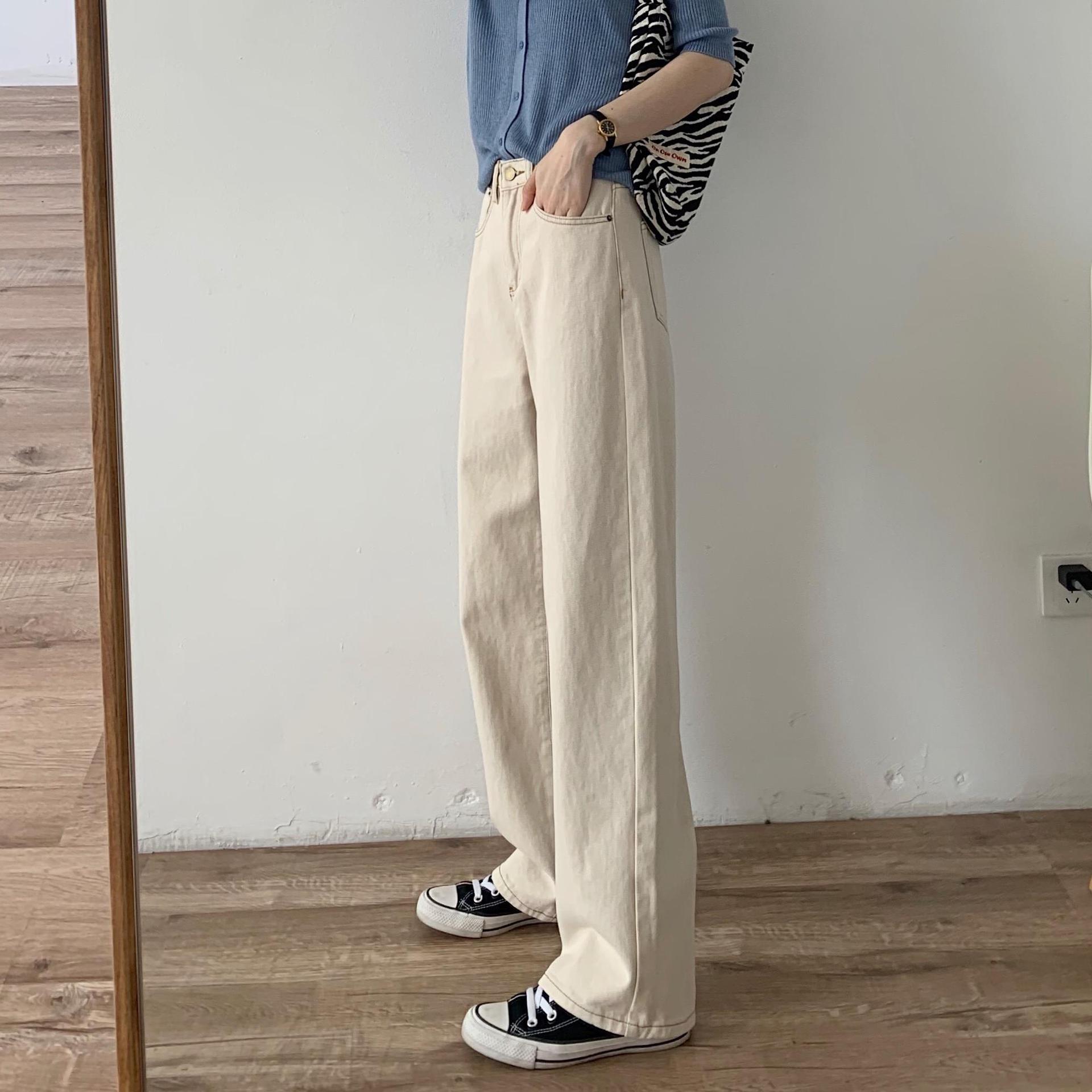 好版型显瘦显腿长拖地杏色裤 2022夏复古明线麻点百搭杏色牛仔裤