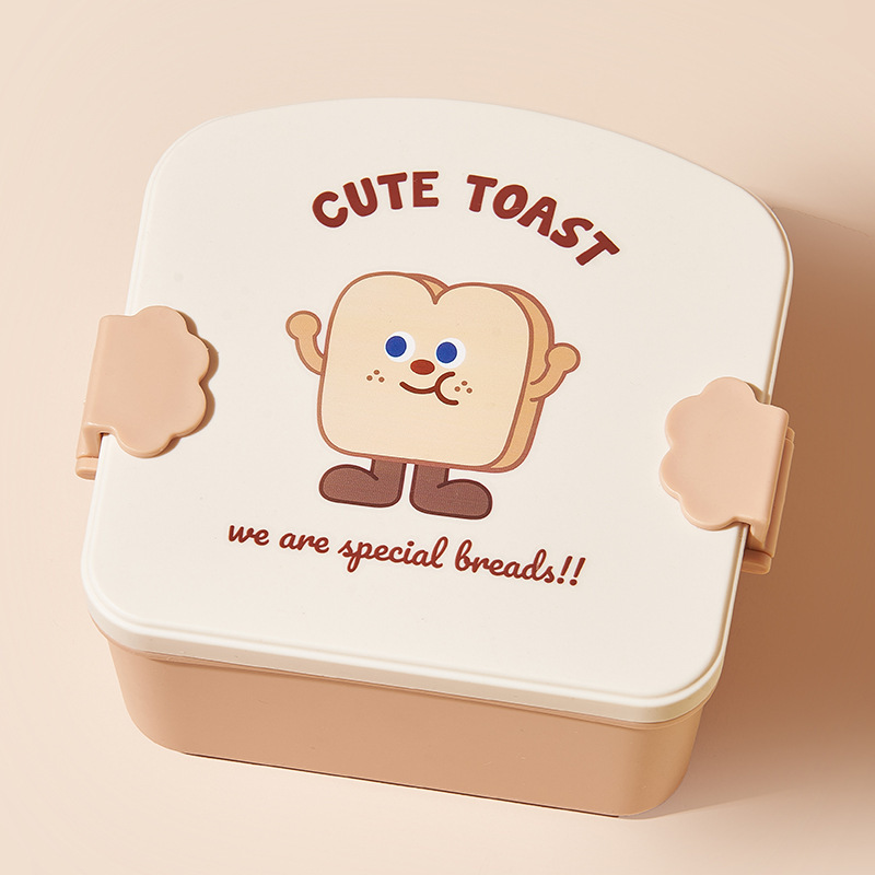 Square Toast Lunch Box Lunch Box Tableware with Lid Fruit Plate Children's Student Lunch Box Microwave Oven Heating Cartoon Bowl