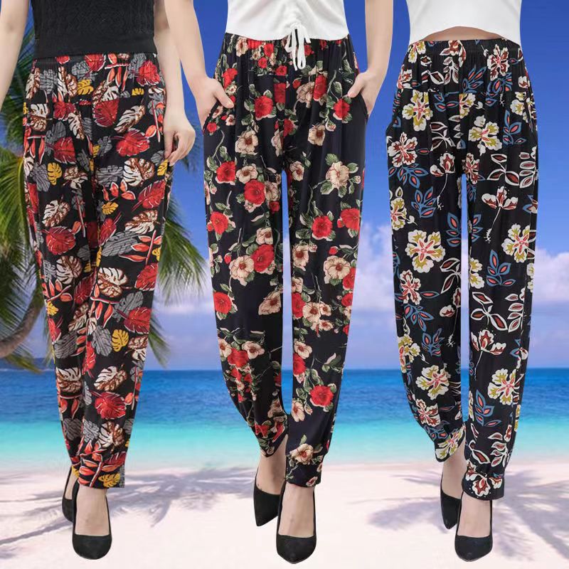 Summer Sales Volume Product Women's Bloomers Harem Pants Cropped Pants Outer Wear Cropped Pants Flower Pants Ice Silk Flower Pants