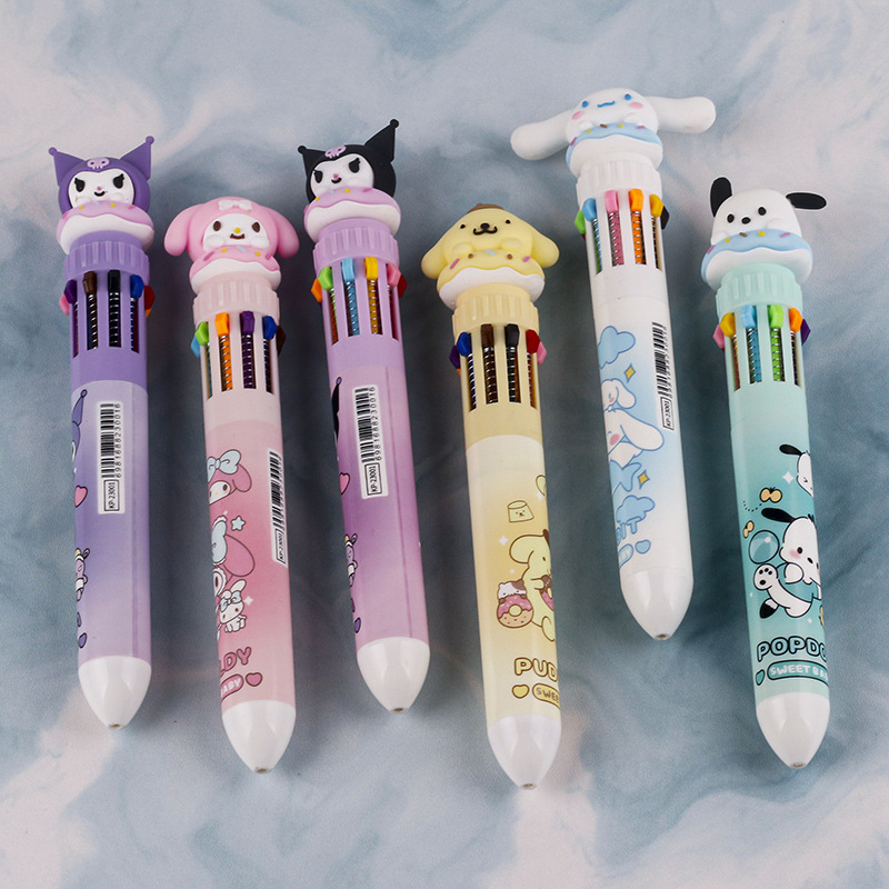 Ten-Color Ballpoint Pen Cartoon Cute Multi-Color Sanrio Press Type Color Pencil Student Good-looking Stationery Gel Pen