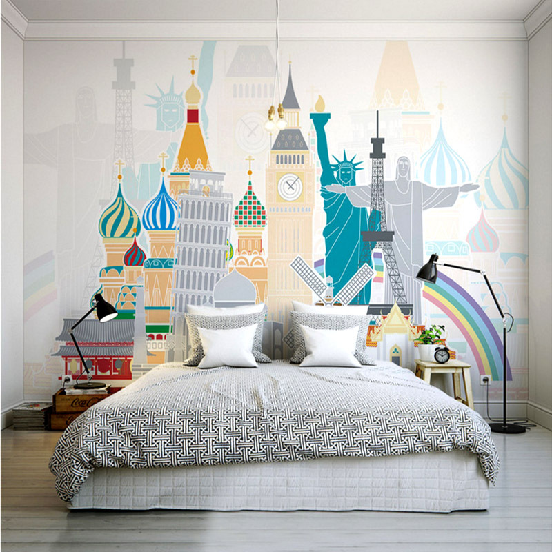 简约手绘北欧动物卡通儿童房背景墙大型壁画无缝墙布卧室壁纸墙纸