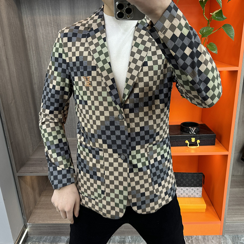 春季新款男士时尚西服外套气质渐变格子潮流平驳领长袖休闲西装