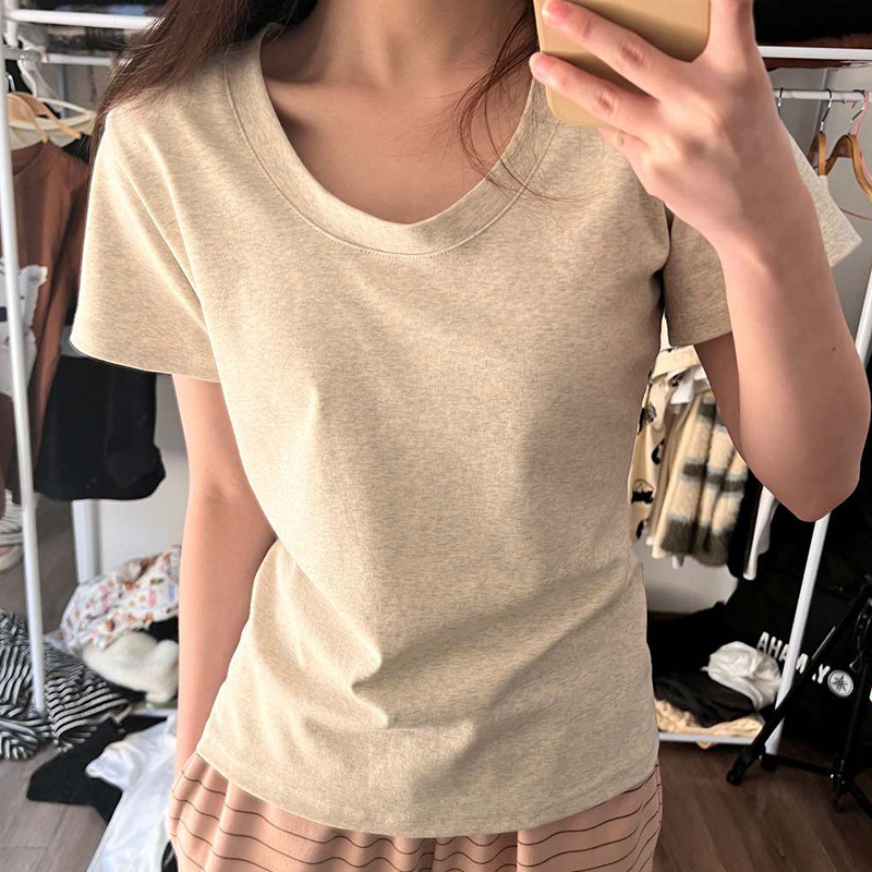 Shoulder Short Sleeve U-Neck T-shirt Women's Clothing Summer 2024 New Pure Cotton Slim Low round Neck Basic Style Hot Top Women Clothes