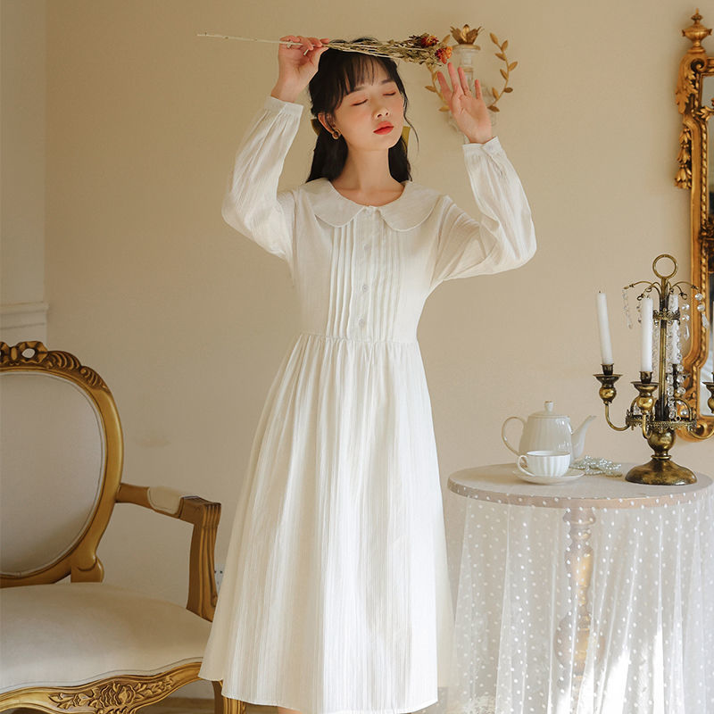春款女装2021年新款茶歇裙仙女超仙森系法式娃娃领白色连衣裙长裙