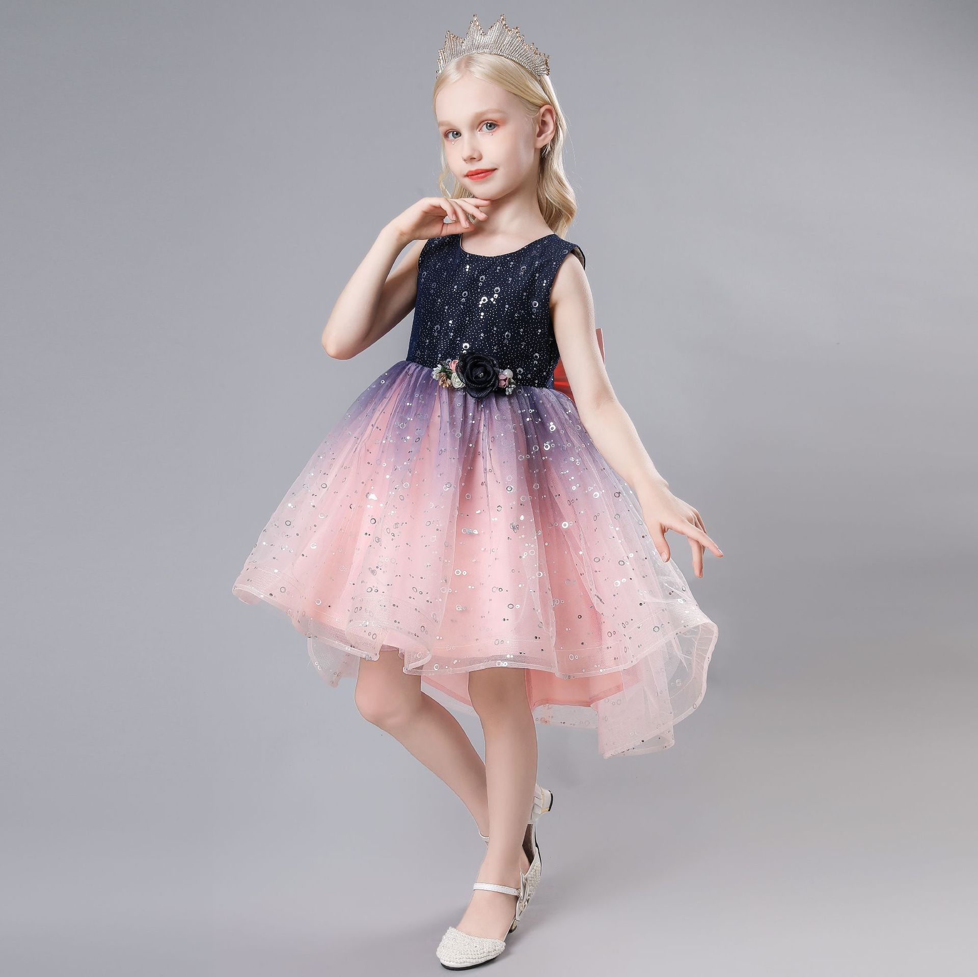 儿童礼服裙蓬蓬纱粉色渐变公主裙 走秀亮片拖尾走秀女童周岁礼服