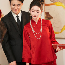 回娘家大红旗袍新中式订婚宴敬酒旗袍套装订婚婚袍礼服长袖秋冬季