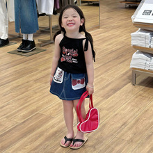 韩国童装2024夏季新款女童洋气字母吊带套装儿童猫咪牛仔裙套装