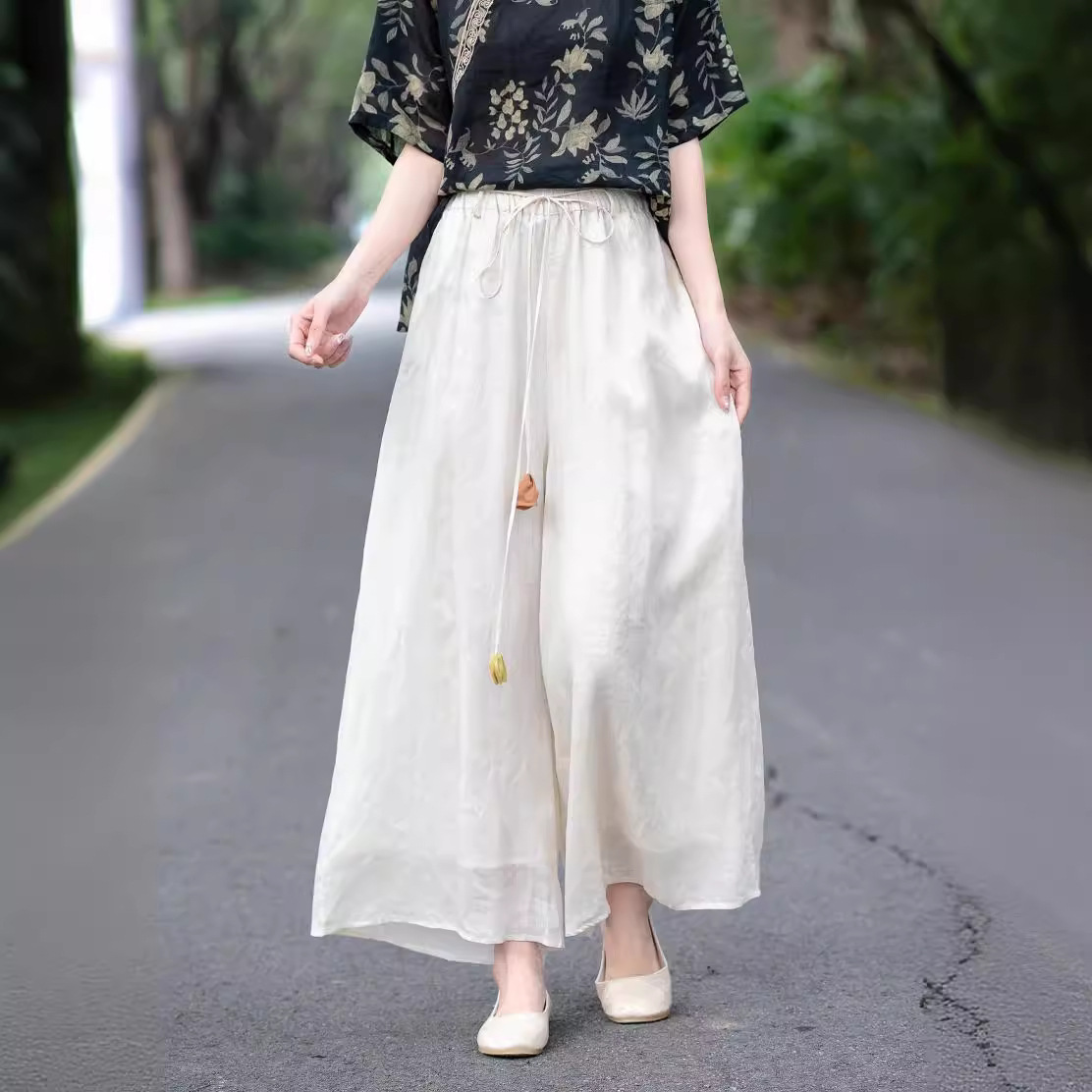 复古中国风高腰双层苎麻阔腿裤女2023春夏宽松百搭休闲裙裤子