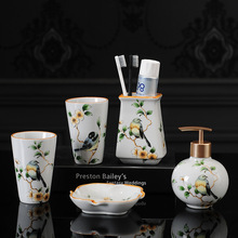 中式陶瓷卫浴五件套卫生间家用刷牙杯洗漱套装美式漱口杯牙缸用品