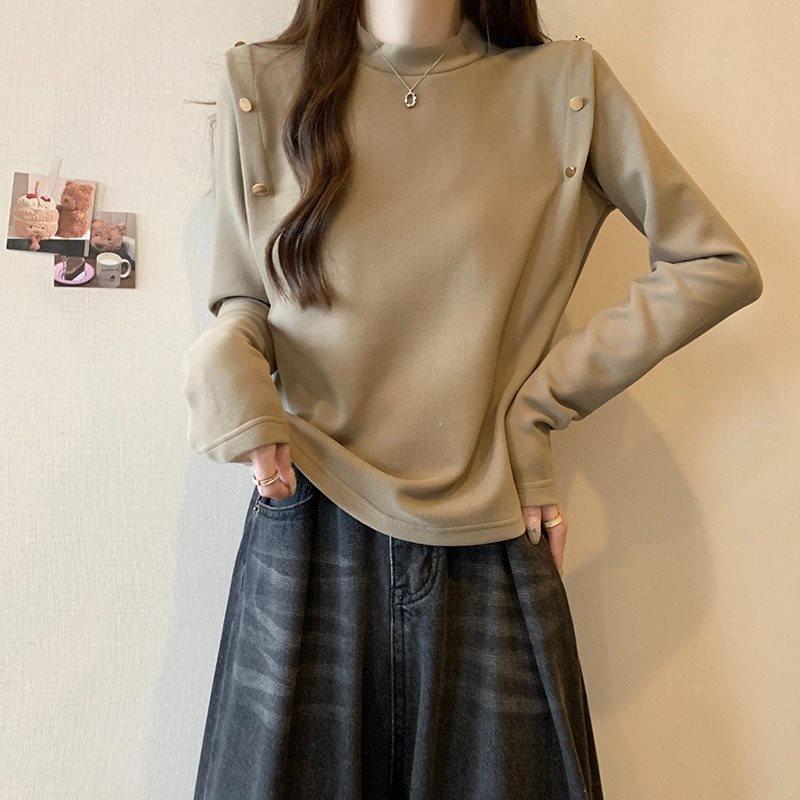 法式半高领正肩卡其色t恤女春季新款大码胖mm显瘦内搭打底衫上衣