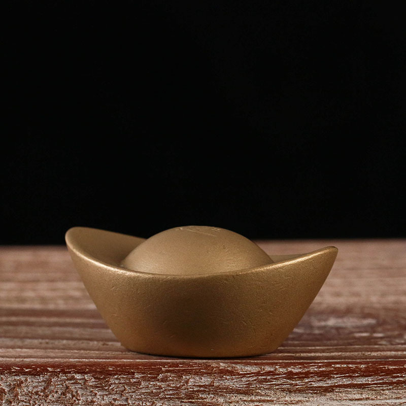 纯黄铜实心元宝摆件招财进宝茶宠古玩黄铜元宝桌面摆件装饰工艺品