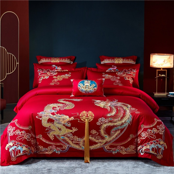 百子图四件套婚庆大红刺绣结婚新婚礼婚床被套床盖床单四件套
