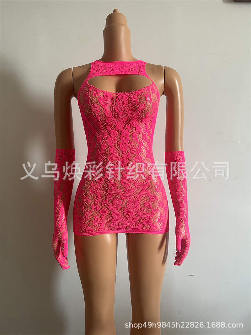 European and American Style Sexy Underwear plus Size Cross-Border Sexy Fishnet Clothes Foreign Trade Popular Style Sheath Fishnet Clothes Skirt Hollow Gloves Suit