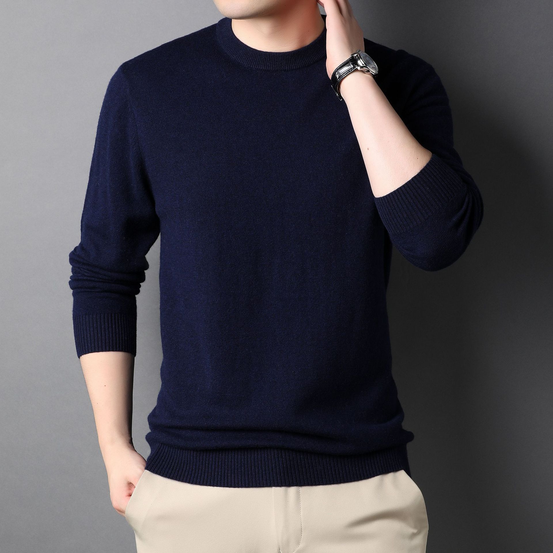 毛衣男士纯色羊毛衫秋冬新款100纯羊毛圆领套头衫青年男装打底衫