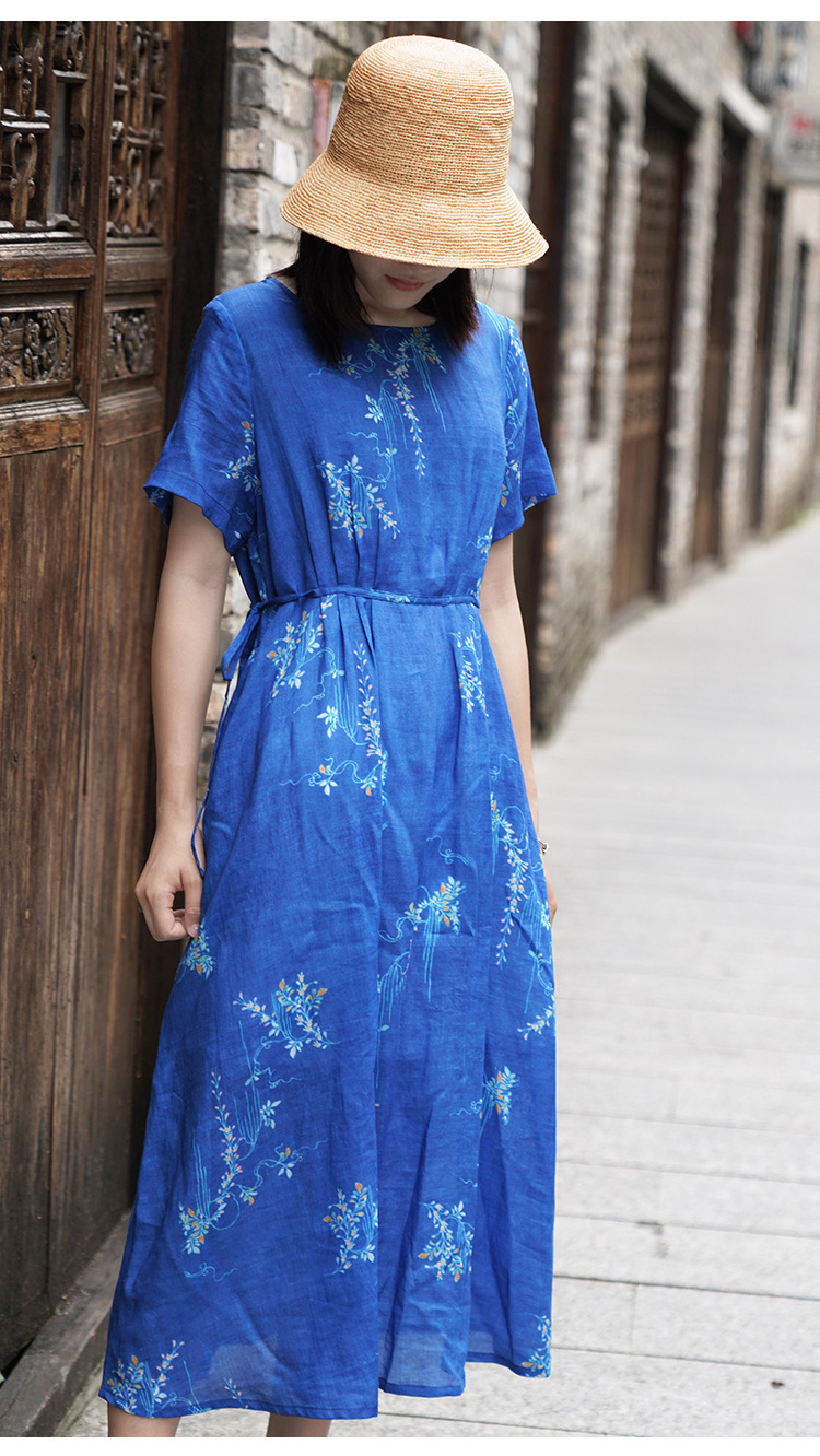 苎麻连衣裙21夏季新款文艺复古印花圆领短袖连衣裙中长款棉麻裙子