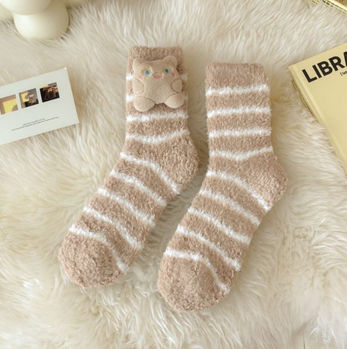 New Product Coral Fleece Socks Women's Mid Tube Stockings Autumn and Winter Thickened Sleeping Socks Cartoon Decoration Thermal Home Wear Room Socks