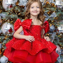 圣诞节儿童礼服2024新款红色中小童亮片蓬蓬纱女童公主裙跨境代发