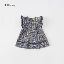 邦选夏季韩版女童蓝色满印小花儿童连衣裙2024女童碎花裙短袖