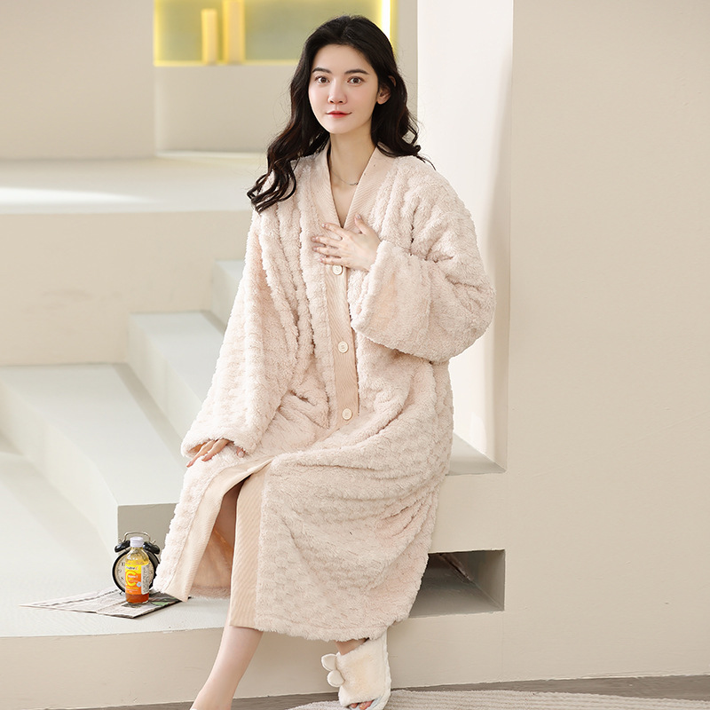珊瑚绒简约睡袍女冬季加厚加绒保暖法兰绒浴袍高级感中长款家居服