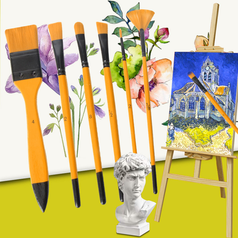 6支油画笔套装尼龙毛混头画笔刷板刷丙烯画笔刷美术画材勾线笔