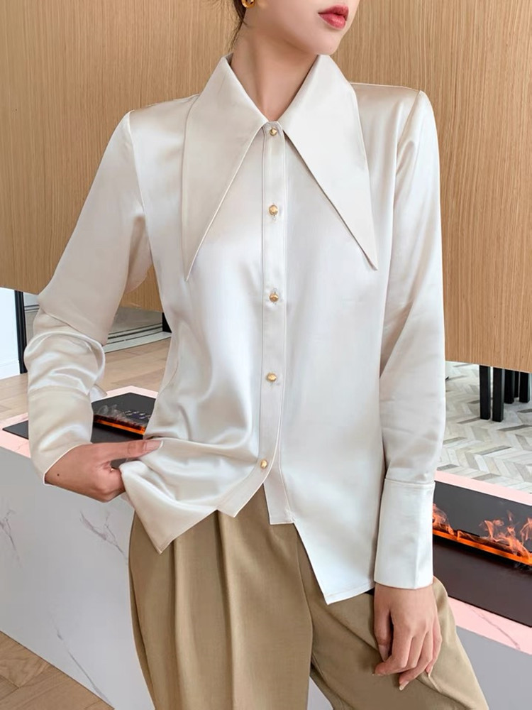 大尖领醋酸缎面长袖衬衫女设计感小众气质法式上衣高端衬衣春秋