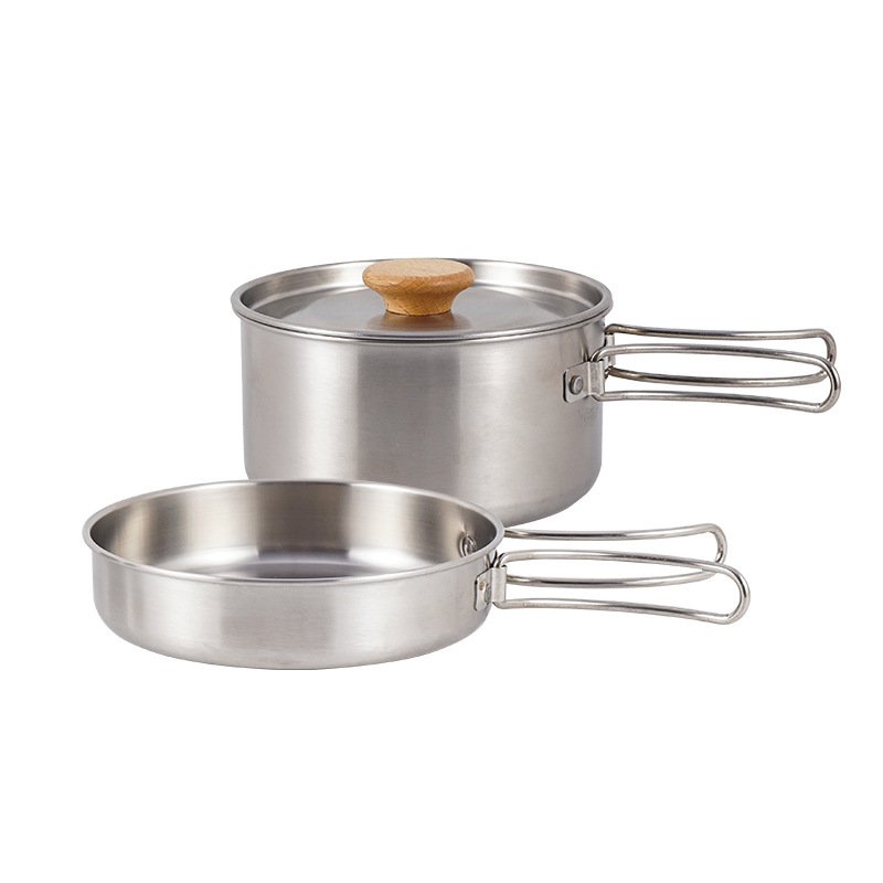 Outdoor Mountaineering 304 Stainless Steel Folding Handle Pot Camping Portable Frying Pan Soup Pot Household Picnic Pot Set