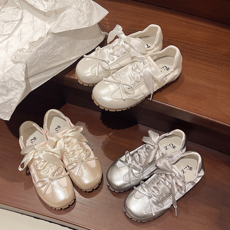 蝴蝶结蕾丝鞋带板鞋2024春季夏季新款百搭软底鞋平底休闲德训鞋