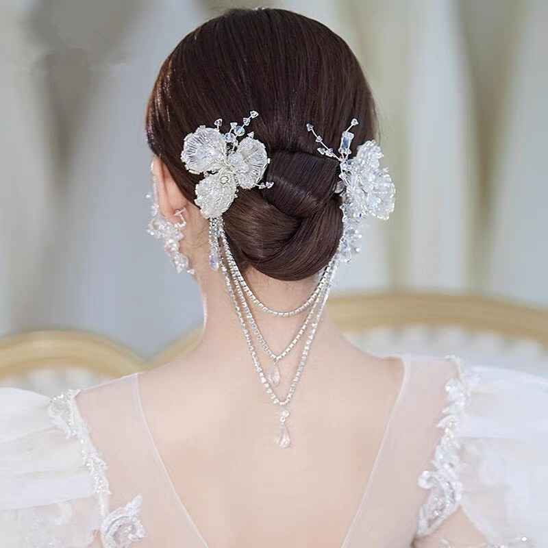 新娘结婚发饰水晶串珠流苏手工花朵对夹唯美优雅对夹结婚礼服头饰