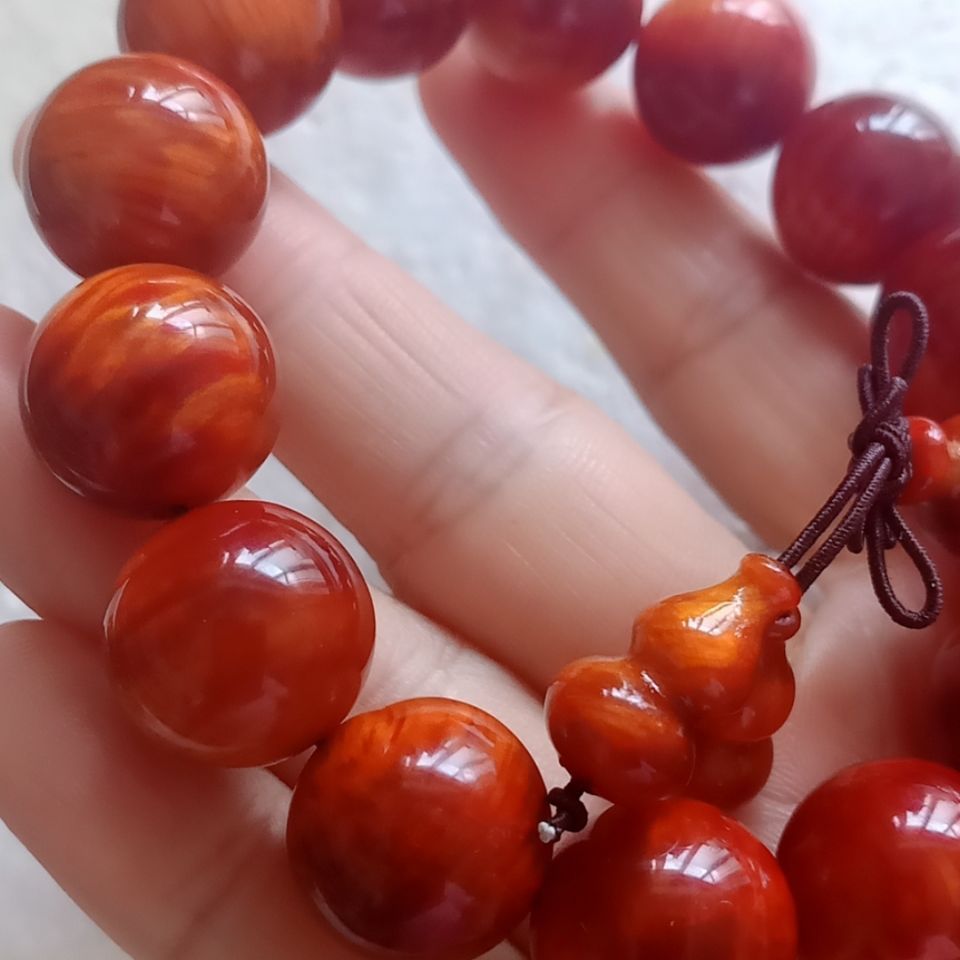 东北琥珀木北沉香红松明子手串手链文玩把玩佛珠念珠满油全透老料