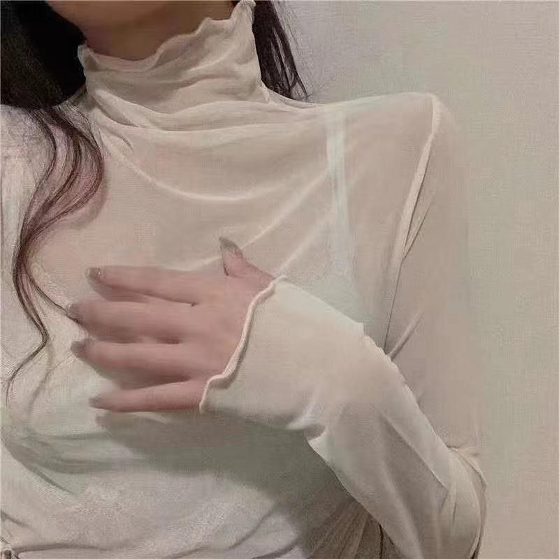 2023 Korean Chic Early Spring New Half Turtleneck Wooden Ear Mesh Base T-shirt Repair See-through Women's Clothes