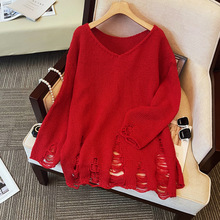 实拍现货春装新款韩版设计感V领破洞镂空红色针织衫毛衣女