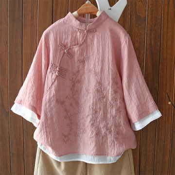 夏季中国风棉麻汉服双层刺绣上衣女文艺斜襟盘扣复古禅意茶服衬衫