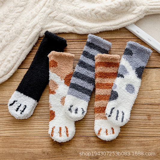 冬季猫爪睡眠袜珊瑚绒袜女地板袜保暖中筒袜点胶亲子宝宝儿童袜子