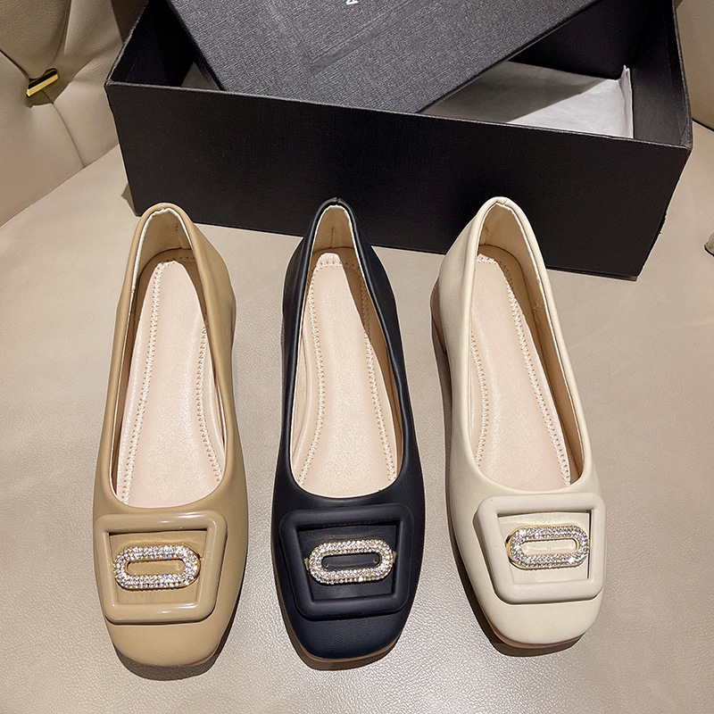 百搭浅口法式方扣水钻方头鞋女粗跟2024春秋新款单鞋女一脚蹬