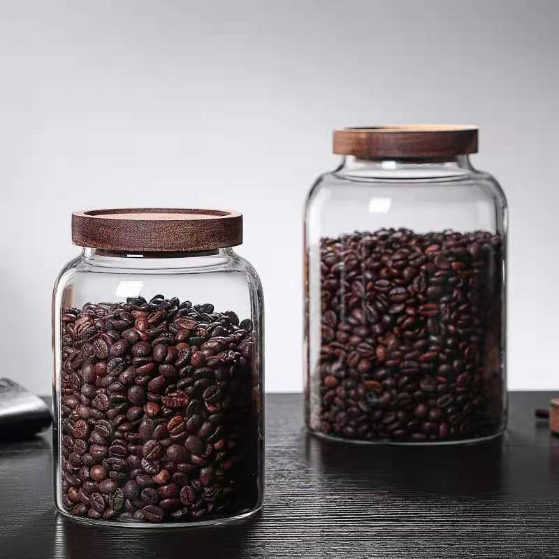 Wholesale Borosilicate Glass Sealed Can Acacia Wooden Lid Tea Jar Transparent Kitchen Storage Jar Candy Jar