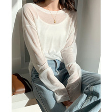韩系长袖薄款T恤上衣女2024夏季新款空调衫款式圆领套头防晒罩衫